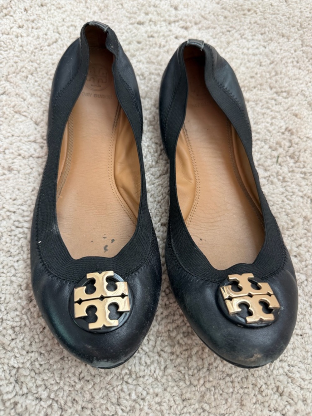 Tory Burch Black Leather Logo Ballet Flats with Gold Emblem
